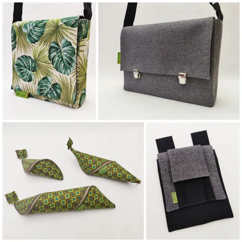 Umhängetasche mit Blättermuster beige/grün, Aktentasche grau, Spiraletuis mit grafischen Blümchen grün, Gürteltasche mit Smartphonefach schwarz/grau